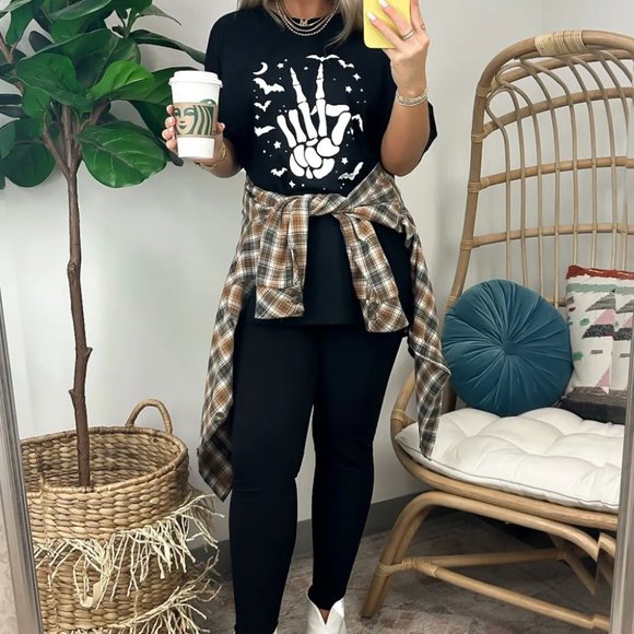 Black Halloween Bat & Skeleton Hand Graphic Tee - Picture 5 of 12